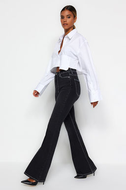 TRENDYOLMILLA Siyah Kontrast Dikisli Yuksek Bel Flare Jeans TWOSS22JE0460  фото 2
