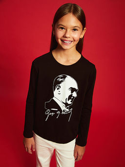 Bisiklet Yaka Atat?rk Bask?l? K?z ?ocuk Ti??rt - Waikiki фото 3