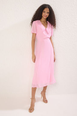 TRENDYOLMILLA Siyah A Kesim Yaka Detayl? Astarl? Sifon Midi Dokuma Elbise TWOSS25EL00256  фото 2