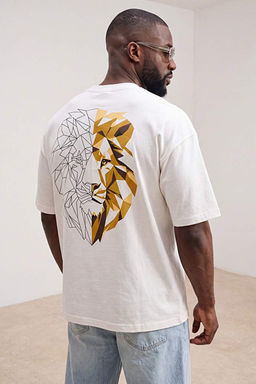 Ekru B_y_k Beden Oversize/Geni_ Kesim Aslan Bask_l_ %100 Pamuk T-Shirt TMNSS25BF00026
