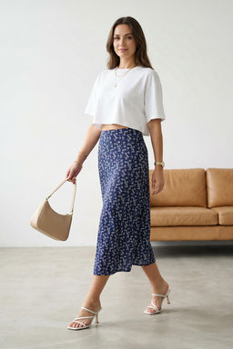 More Sustainable Mavi Cicek Desenli Viskon Kumasl? Midi Boy Dokuma Etek TWOSS23ET00295