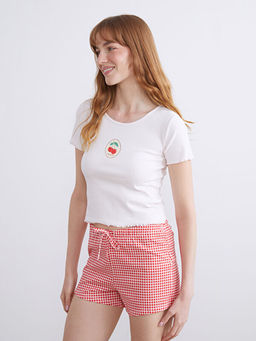 Kiraz Bask?l? Kad?n ?ortlu Pijama Tak?m?