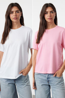 Pembe-beyaz %100 Pamuk Bisiklet Yaka 2li Paket Orme T-Shirt TWOSS20TS0141