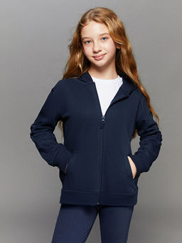 Kap??onlu Basic Uzun Kollu K?z ?ocuk Fermuarl? Sweatshirt