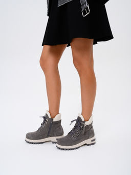 Ботинки 261.uno9gr.Серый замок замша+бежевый/байка