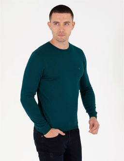 Ye_il Slim Fit Bisiklet Yaka Y_n Kar___ml_ Basic Triko Kazak