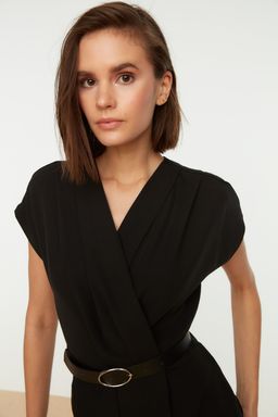 Siyah Kemerli Kruvaze Yaka Genis Paca Dokuma Tulum TWOSS21TU0004