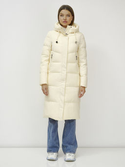 Пальто утепленное стеганное зимнее с капюшоном женское светло-бежевого цвета 9636_1SB - Mtforce фото 7