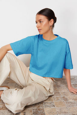 TRENDYOLMILLA Beyaz %100 Pamuk Premium Crop Bisiklet Yaka Orme T-Shirt TWOSS23TS00038  фото 26