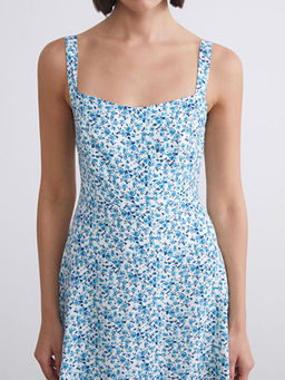 Kare Yaka ?i?ekli Mini Elbise