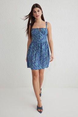 Mavi Geometrik Etegi Belden Ac?lan Mini Dokuma Elbise TWOSS25EL00026 - Trendyolmilla фото 2