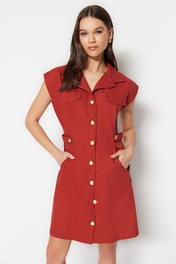 TRENDYOLMILLA Ekru Dugme Detayl? Gabardin Mini Dokuma Gomlek Elbise TWOSS22EL2970 фото 13