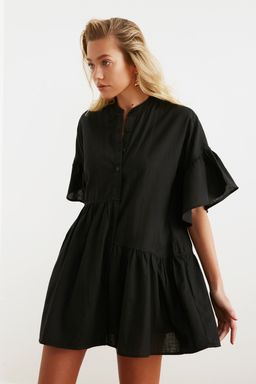 TRENDYOLMILLA Siyah Dokuma Flaml? Pamuk Genis Kal?p Mini Plaj Elbisesi TBESS20EL0873  фото 11