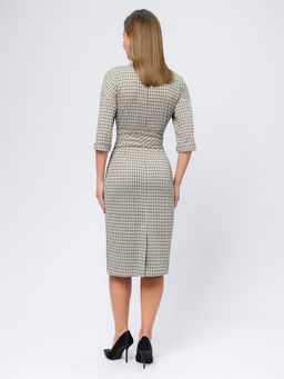 Платье бежевого цвета в клетку длины миди с широким поясом - 1001dress фото 3