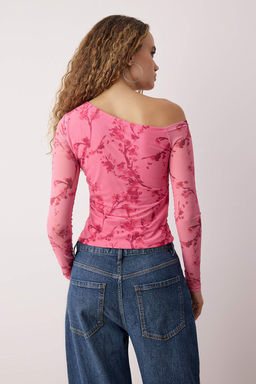 Pembe Cicekli Tul Astarl? Asimetrik Yaka Orme Orme Bluz TWOAW24BZ00051