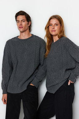 Gri Oversize Geni_ Kal_p Bisiklet Yaka Sa_ _rg_l_ Triko Kazak TMNAW23KZ00280