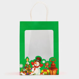 Цена за 2 шт. Пакет подарочный бумажный с окном «Снеговик» 19×26×13 см, крафт зеленый