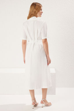 Trendyolmilla Lacivert A- Kesim Pili Ve Kemer Detayl? Poplin Astarl? Midi Dokuma Elbise TWOSS25EL00060  фото 5