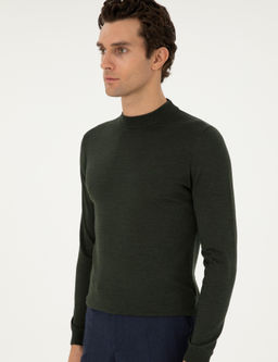 Haki Slim Fit Y_n Kar___ml_ _eyrek Bal_k__ Yaka Basic Triko Kazak