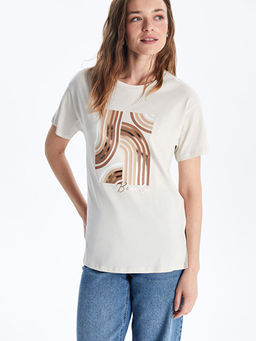 Bisiklet Yaka Bask?l? Kad?n Ti??rt