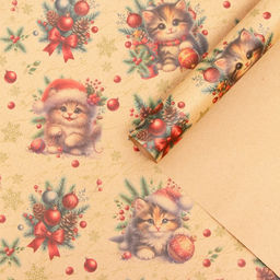 Цена за 10 шт. Бумага упаковочная новогодняя Котик, бурый крафт, 80 г/м?, 50?70 см