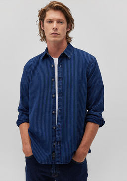 Cizgili Denim Gomlek - Mavi фото 2