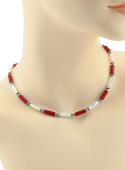 Чокер из перламутра и коралла (имитация) цилиндр 4*13мм, 40см Радуга камня