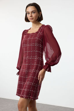 Bordo Ekose / Kareli Mini Dokuma Elbise TWOAW21EL0532