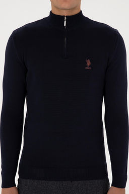 Erkek Slim Fit Yar_m Fermuarl_ Lacivert Kazak