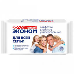 Салфетки влажные антибактериальные "Эконом smart" 100шт/упак, для всей семьи (Россия)
