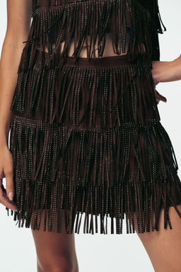 SHIMMERING FAUX SUEDE FRINGED SKIRT