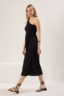 Siyah Duz Gipeli Midi Tek Kol Burumcuk/Dokulu Orme Elbise TWOSS25EL00540 - Trendyolmilla фото 3