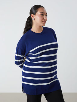 Bisiklet Yaka ?izgili Uzun Kollu Kad?n Triko Tunik