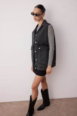 Antrasit Gomlek Yaka Cep Detayl? %100 Pamuk Denim Yelek Ceket TCTAW22CK0006