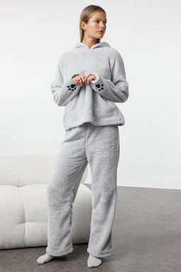 Gri Kapusonlu ve Nak?sl? Wellsoft K?sl?k Orme Pijama Tak?m? THMAW25PT00143