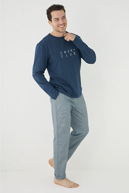 Lacivert Regular/Normal Kesim Creative Yaz_ Bask_l_ _rme Pijama Tak_m_ TMNAW25PT00067