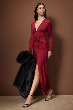 Bordo Vucuda Oturan Orme S?k Maxi Abiye Gece Mezuniyet Elbisesi TPRAW26AE00015