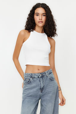 Ekru Crop Fitted/Vucuda Oturan Halter Yaka Pamuklu Esnek Orme Atlet TWOSS24AL00000