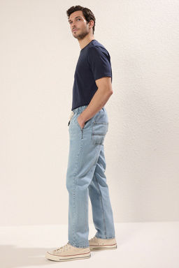 Ac?k Mavi Regular Fit Beli Lastikli Genis Kal?p Bol Kot Pantolon Jeans TMNAW24JE00025