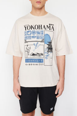 Tas Oversize/Genis Kesim Uzak Dogu Bask?l? %100 T-Shirt TMNSS24TS00035