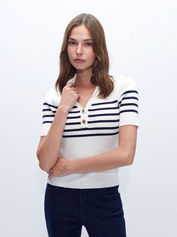 Polo Yaka ?izgili Kad?n Triko Kazak