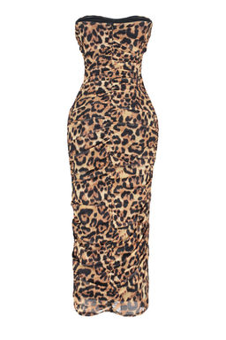 TRENDYOLMILLA Cok Renkli Vucuda Oturan Leopar Desenli Drapeli Orme Tul S?k Abiye Elbise TPRSS24EL00058