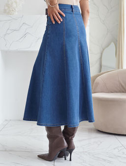 Джинсовая юбка миди А силуэта с декоративными швами из эластичного денима