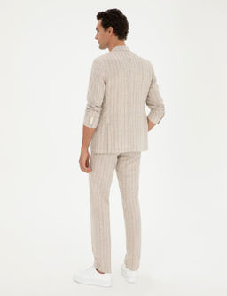 Bej Slim Fit _izgili Y_n Kar___ml_ Keten Tak_m Elbise