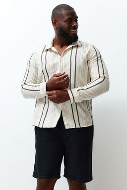 Siyah Regular Fit Cizgili Etamin Buyuk Beden Keten Gorunumlu Gomlek TMNSS24AX00004