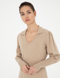 Krem Regular Fit Triko Elbise