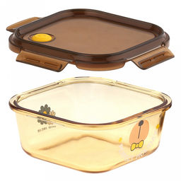 "Мишины мечты" Контейнер стеклянный 780мл, 14,8х14,8см h6,3см, боросиликатное стекло, с деколью, цвет - медовый, квадратный, пластмассовая крышка с пароотводом, герметичная, с клипсами, с силиконовым уплотнителем (Китай)