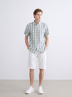 Regular Fit K?sa Kollu ?izgili Poplin Erkek G?mlek