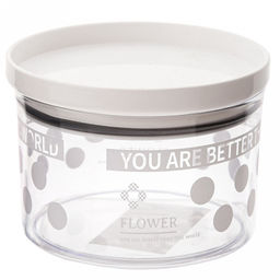 "Горошек" Банка для сыпучих продуктов пластмассовая 0,28л, д9,3см, h7см, прозрачный, с деколью, прижимная крышка с силиконовым уплотнителем (Китай)