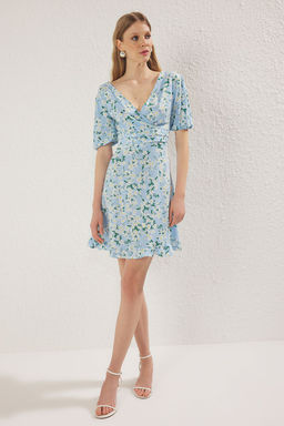 Mavi Cicekli A Kesim Mini Dokuma Elbise TWOSS25EL00655
